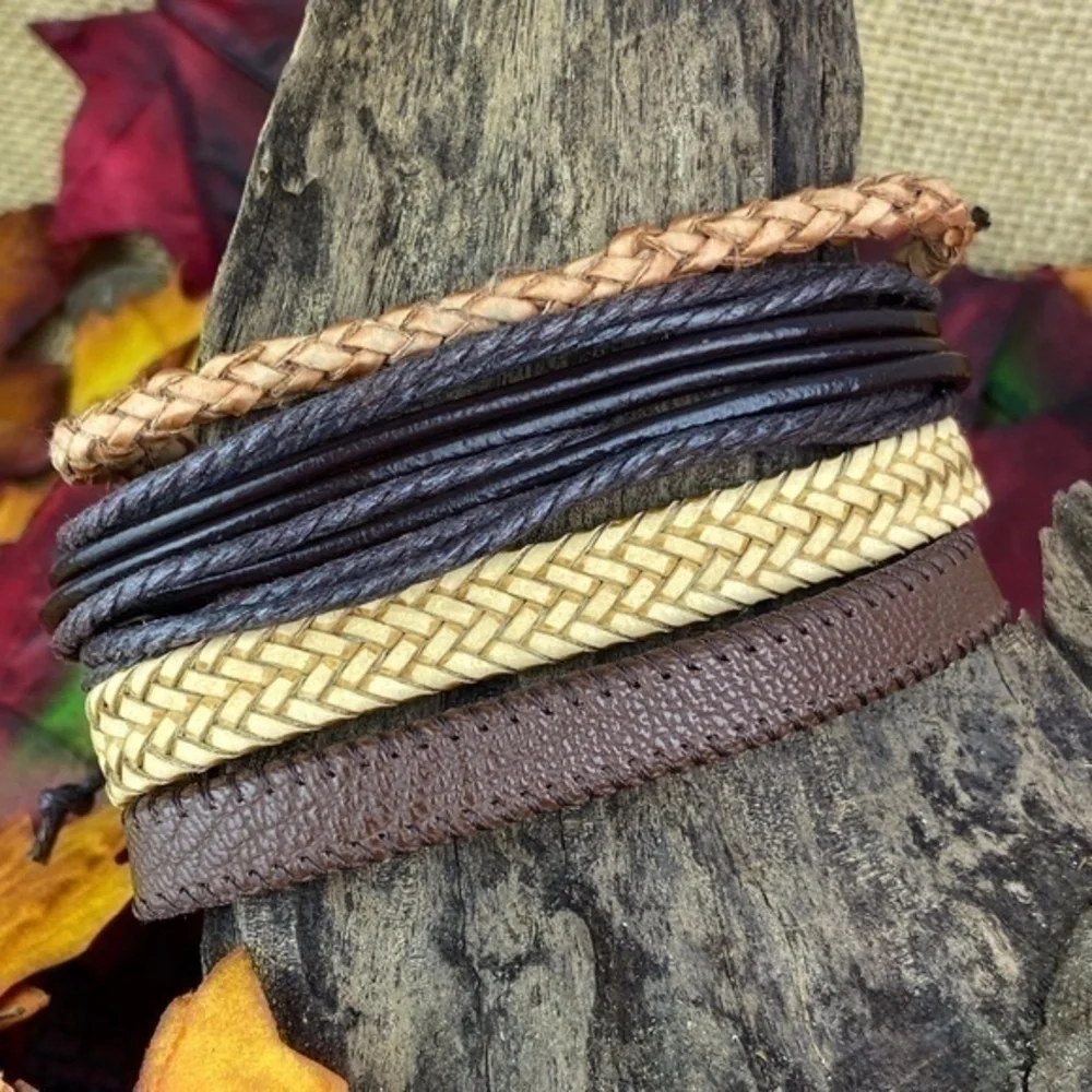 Mens Bracelets Bundle 4 Piece Adjustable Size Leather Bracelets Bundle